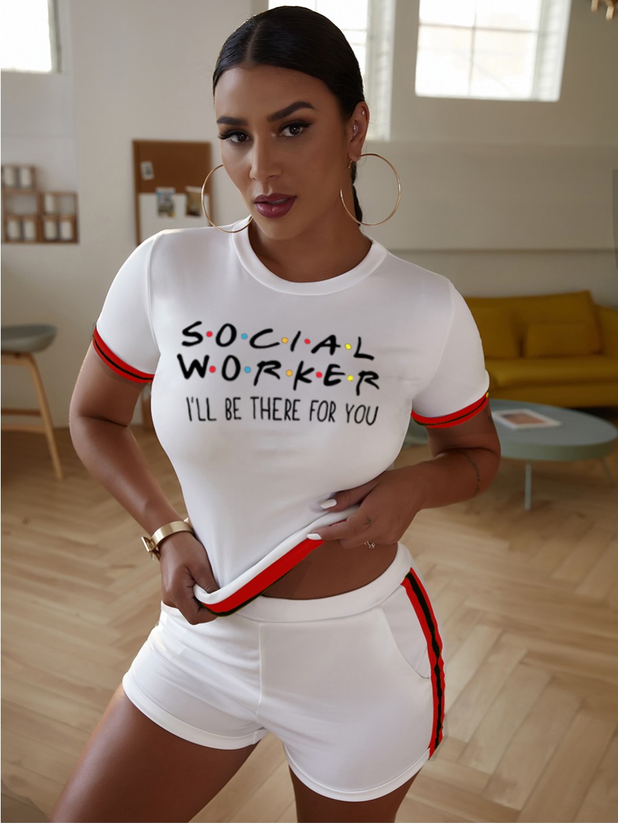 

LW Sporty Letter Print Striped White Two Piece Shorts Set
