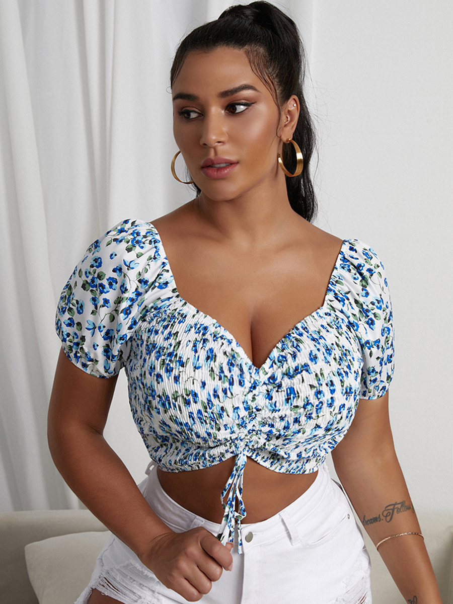 

Lovely Sweet Floral Print Drawstring Blue Blouse