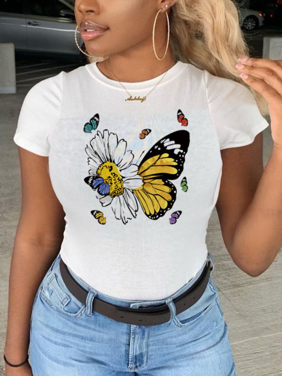 

Lovely Casual Floral Butterfly Print White T-shirt
