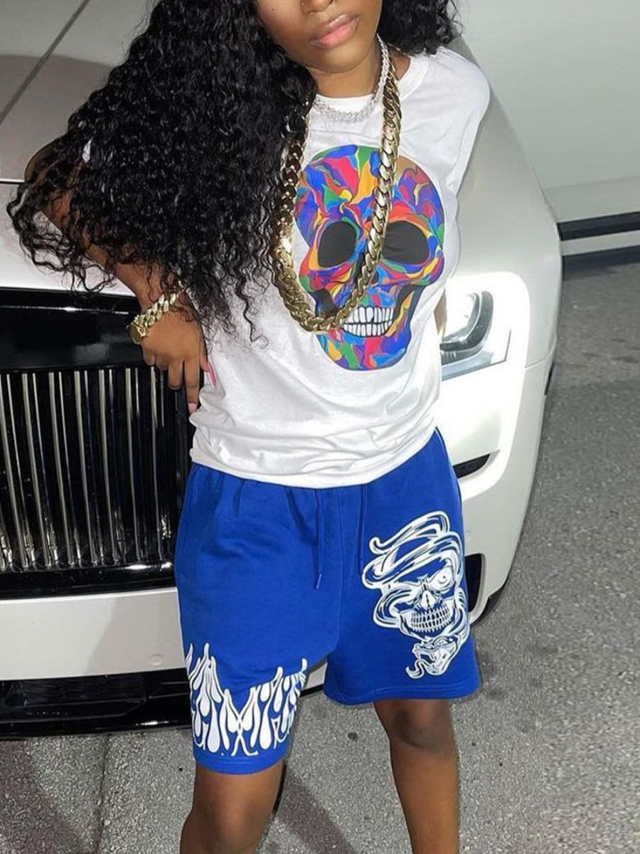 

Lovely Street Skull Head Print Drawstring Blue Two Piece Shorts Set