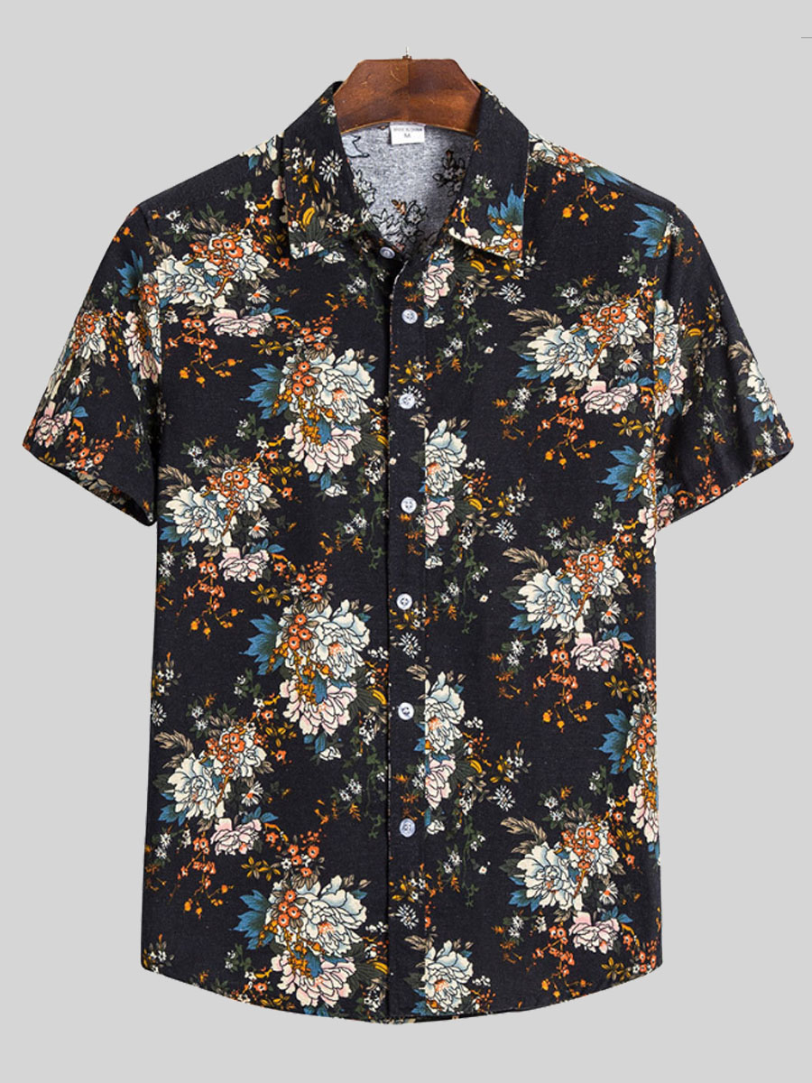 

Lovely Men Boho Turndown Collar Floral Print Black Shirt