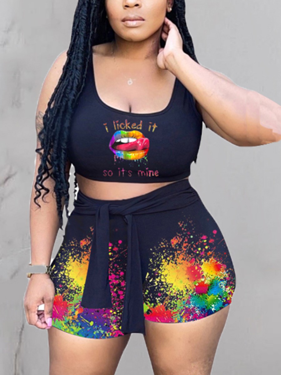 

Lovely Street Splash-ink Bandage Design Black Two Piece Shorts Set