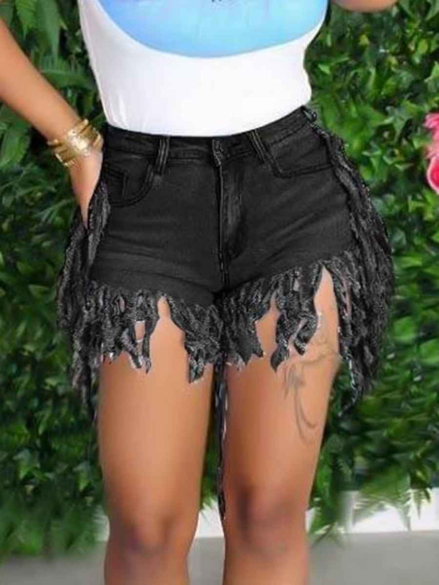 

LW Plus Size High Stretchy Tassel Design Black Denim Shorts