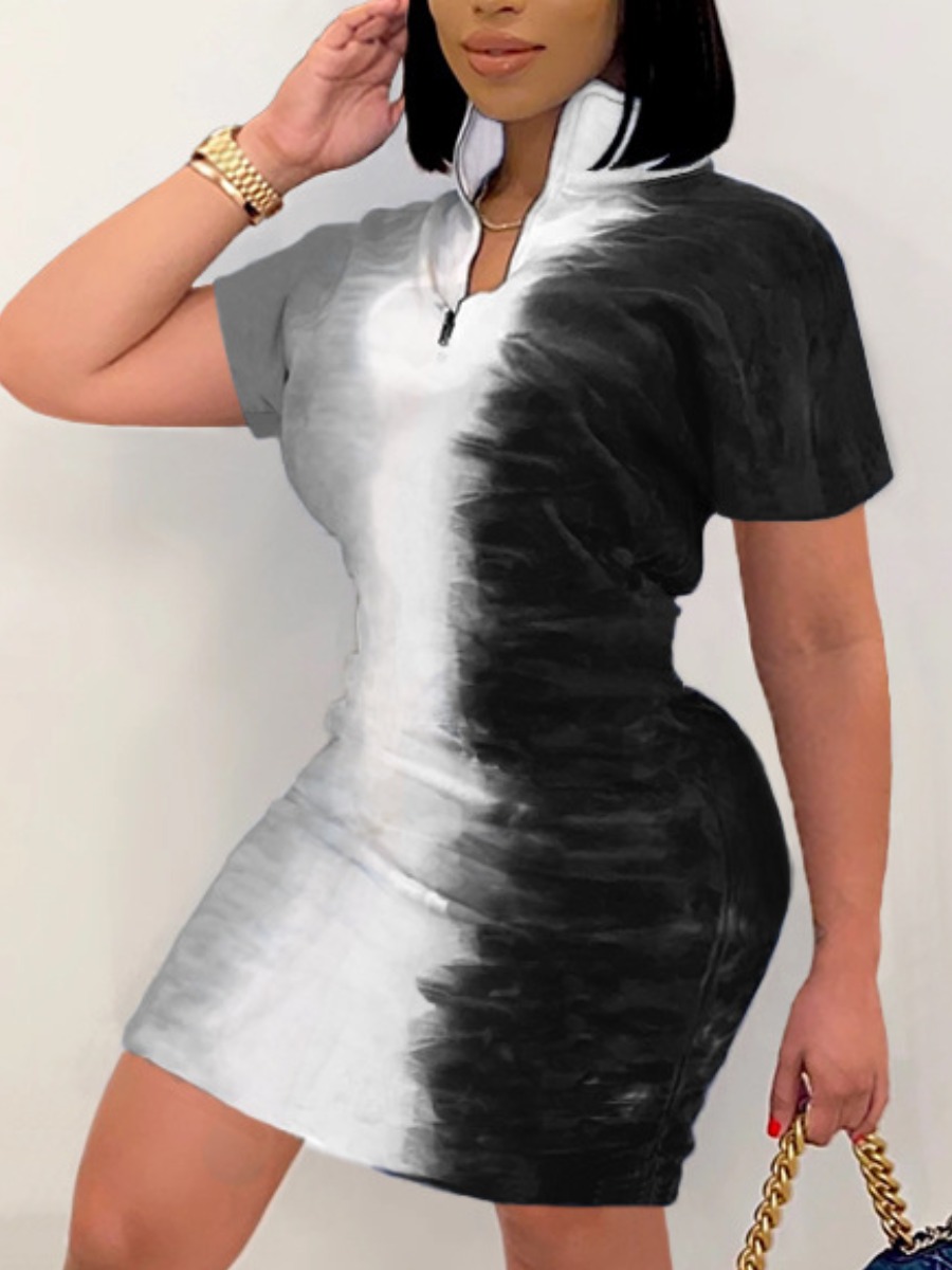 

LW Street Mandarin Collar Tie-dye Black Mini Dress