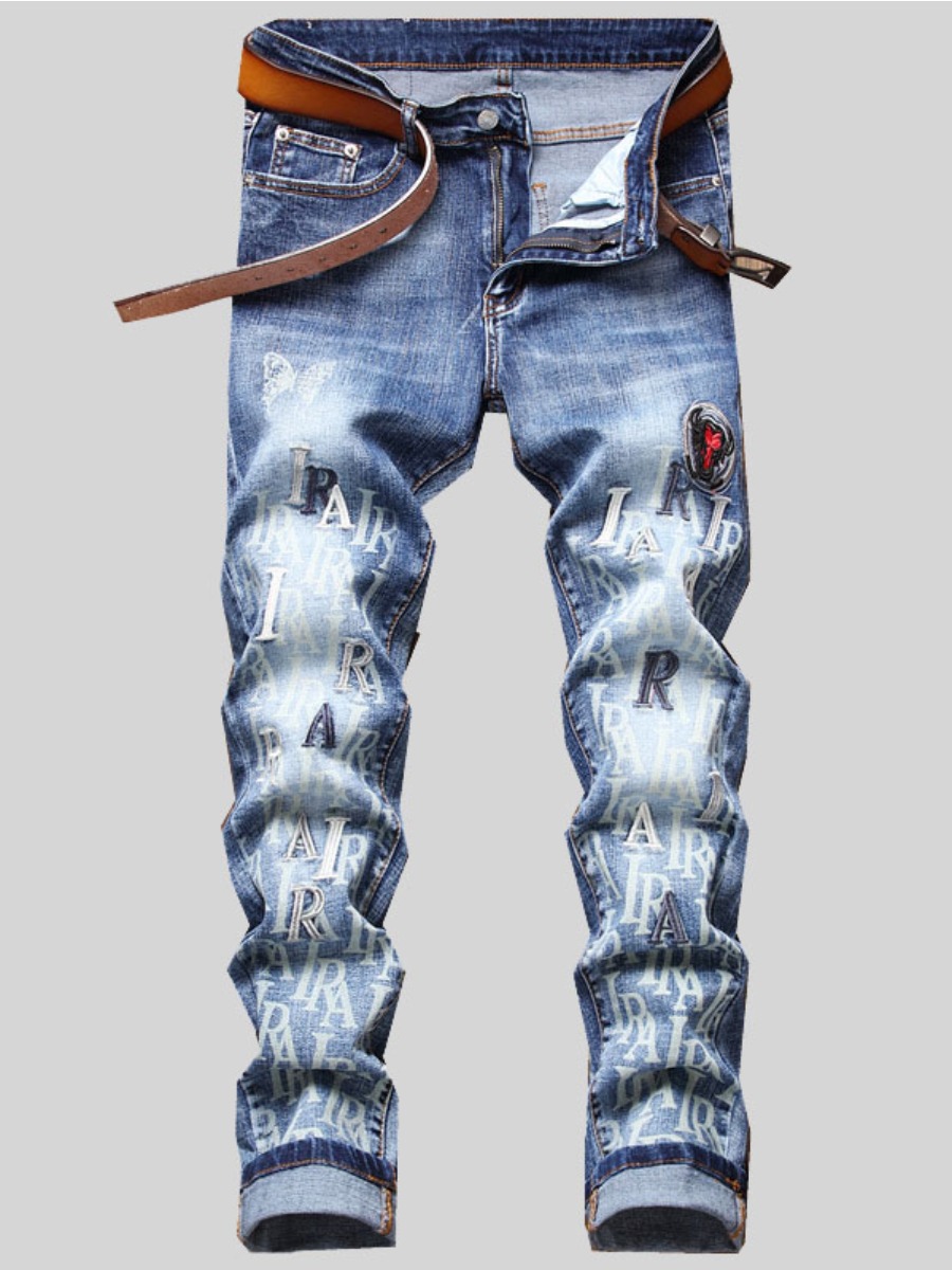 

Lovely Men Casual Mid Waist Letter Print Blue Jeans