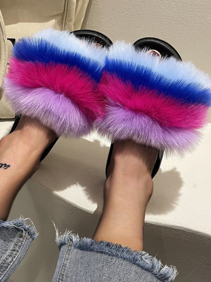 

Lovely Casual Fluffy Patchwork Blue Slippers