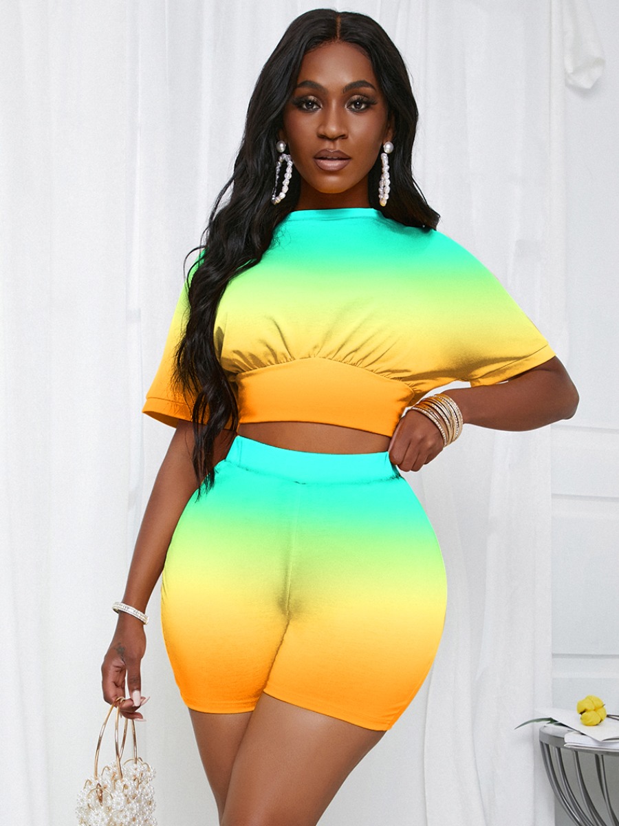 

Lovely Casual Round Neck Gradient Print Orange Two Piece Shorts Set