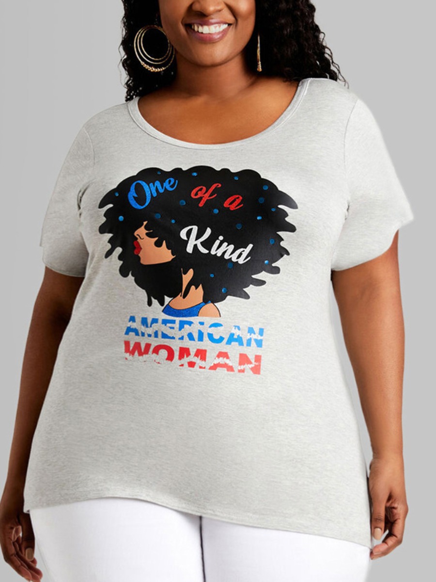 

LW Plus Size Casual Round Neck Figure Print Light Grey T-shirt