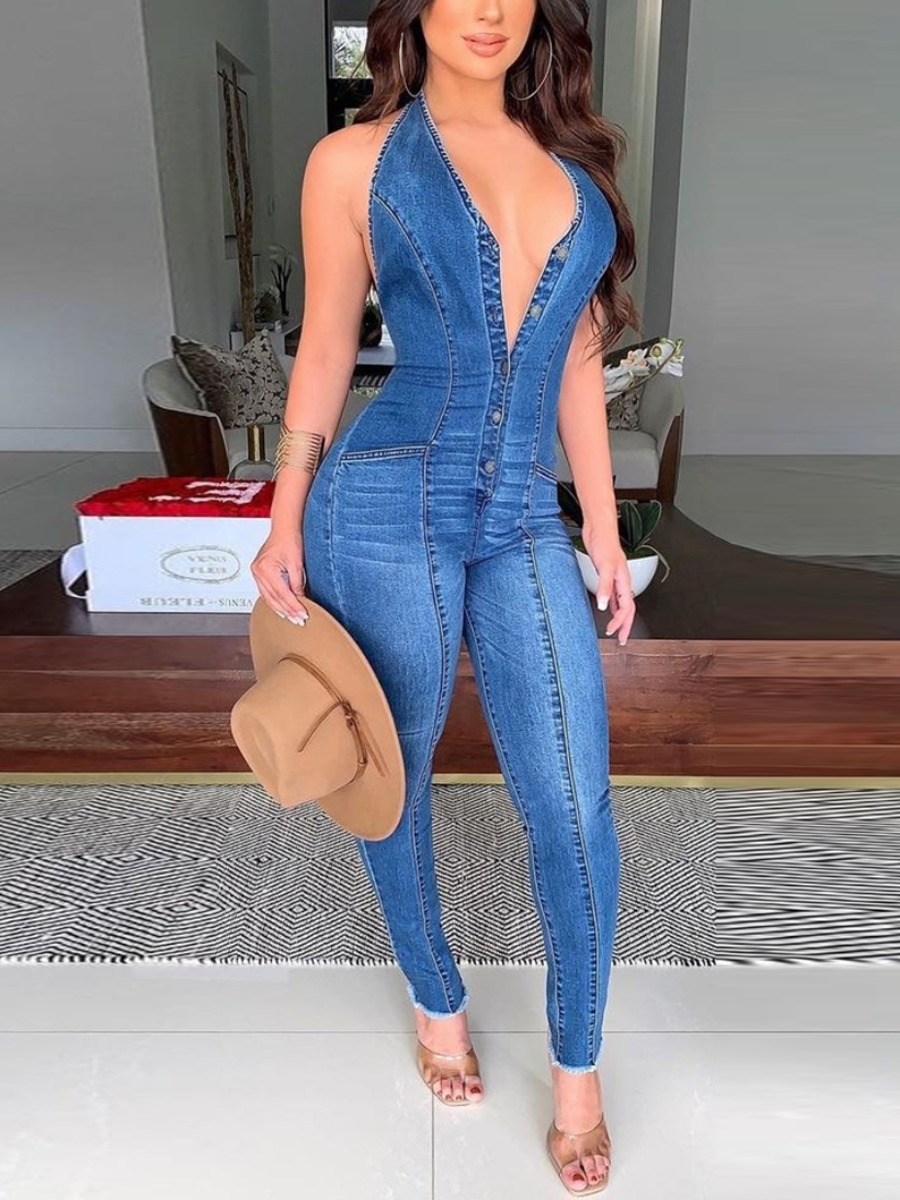 

Lovely Casual Backless Button Design Blue One-piece Denim Jumpsuit