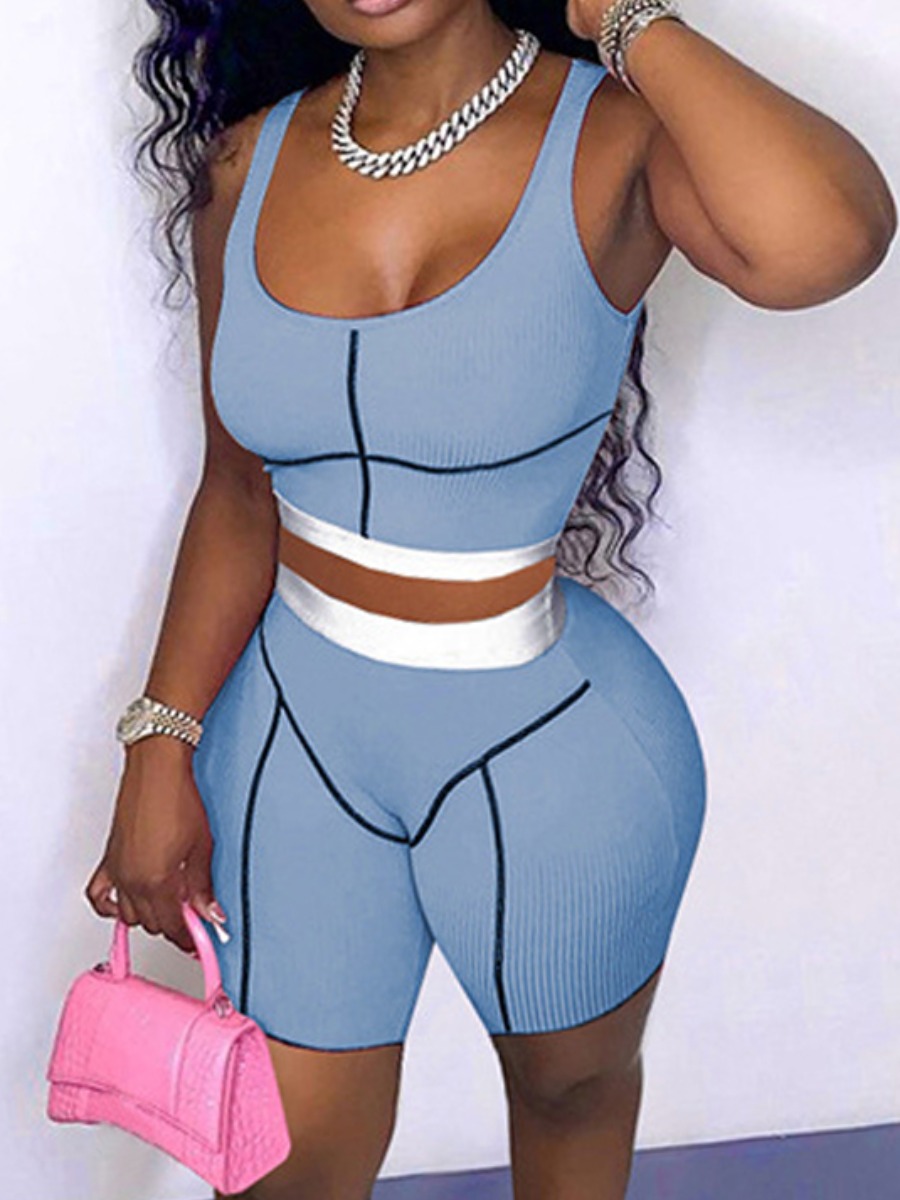 LW Sporty Striped Skinny Blue Two Piece Shorts Set