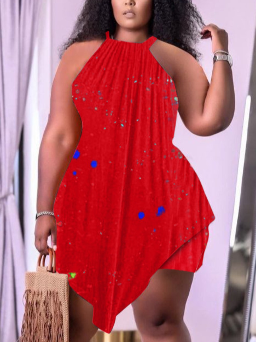 

Lovely Plus Size Boho Dot Print Asymmetrical Red Two-piece Shorts Set