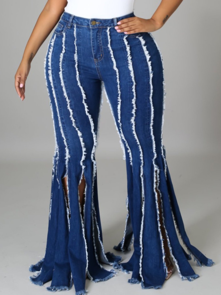 

LW Plus Size High-waisted Tassel Design Jeans, Deep blue