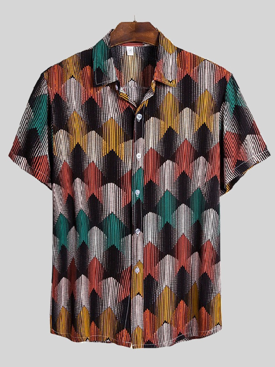 

Lovely Men Boho Geometric Print Patchwork Multicolor Shirt, Multi