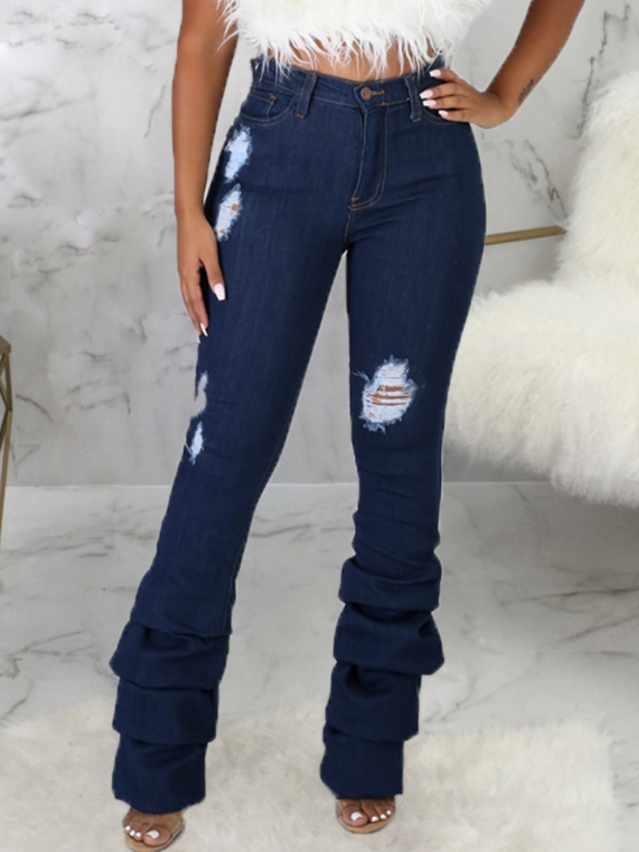 

Lovely Street Ripped Fold Design Blue Jeans, Deep blue