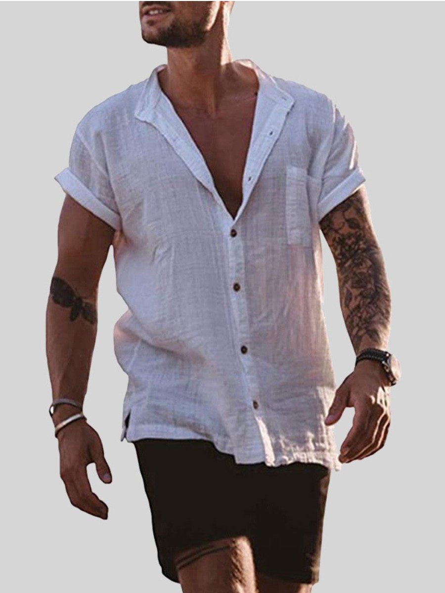 

Lovely Men Casual Mandarin Collar Buuton Design White Shirt