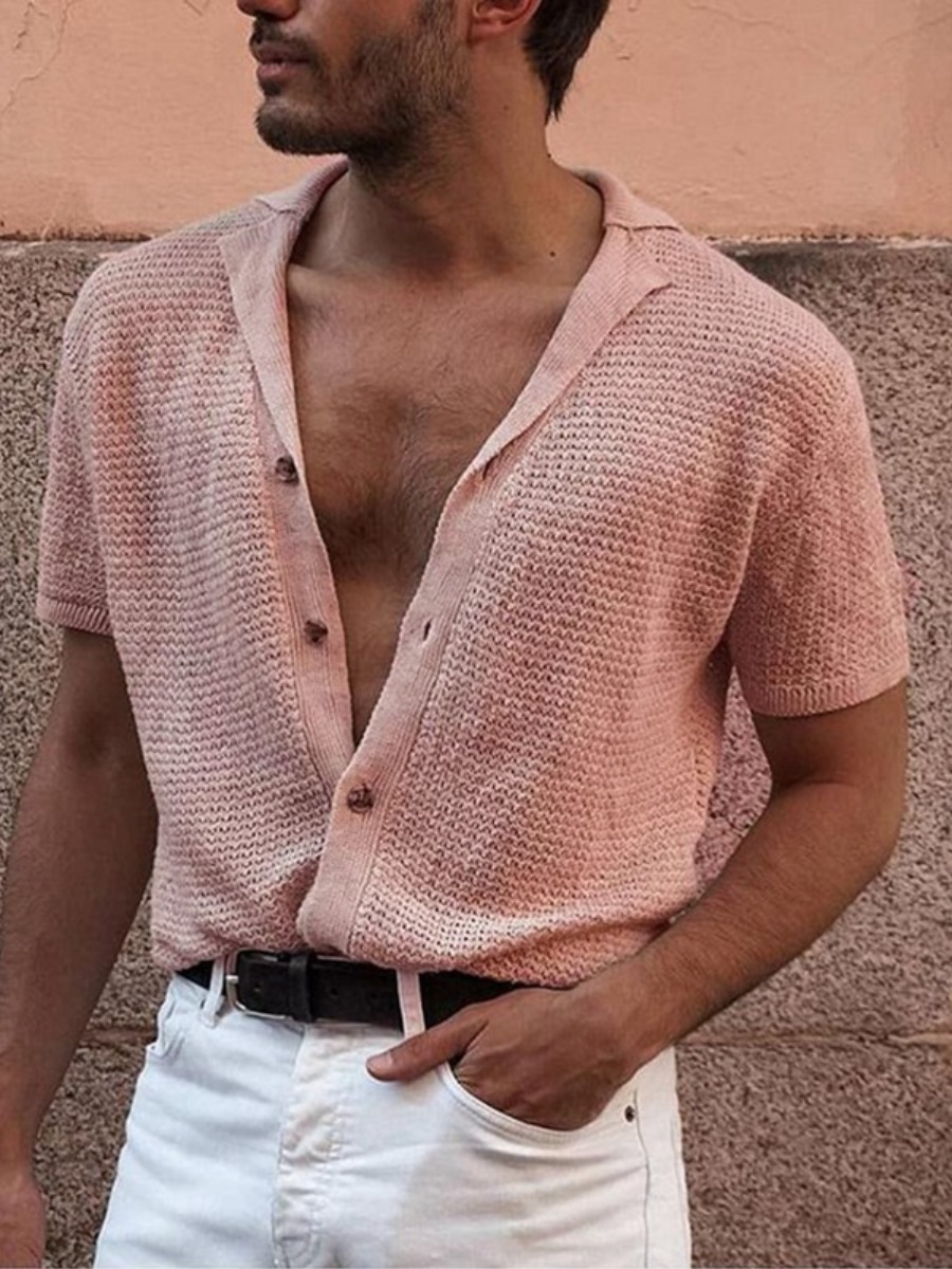 

Lovely Men Casual Turndown Collar Button Design Dark Pink Sweater