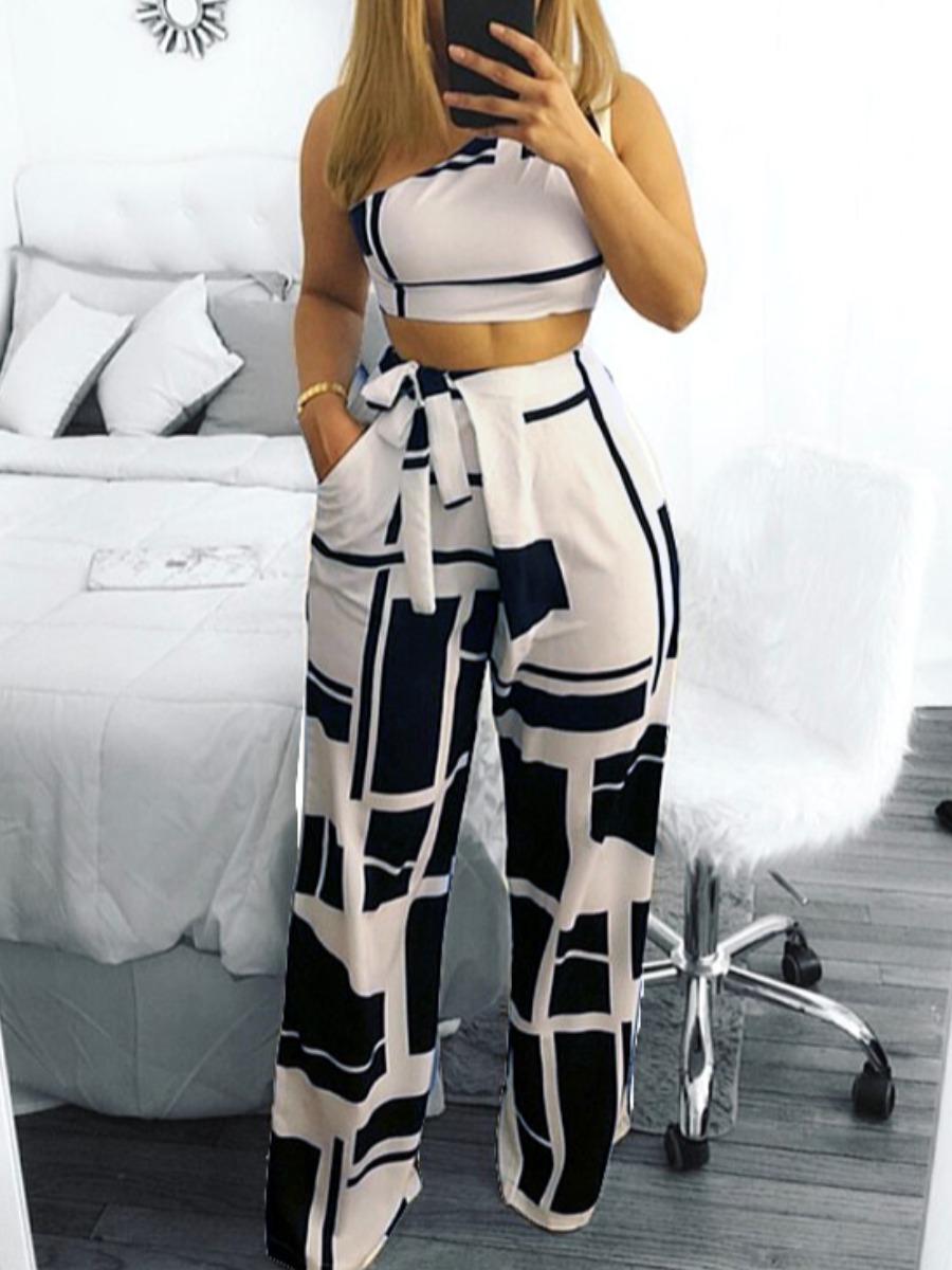 LW One Shoulder Geometric Print Wide Leg Pants Set