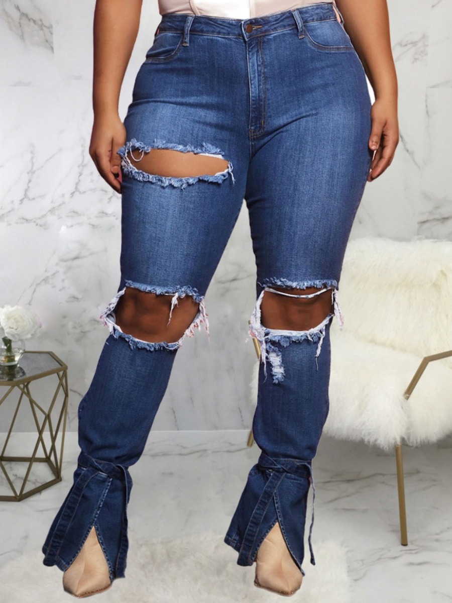 

Lovely Plus Size Street Broken Holes Slit Blue Jeans