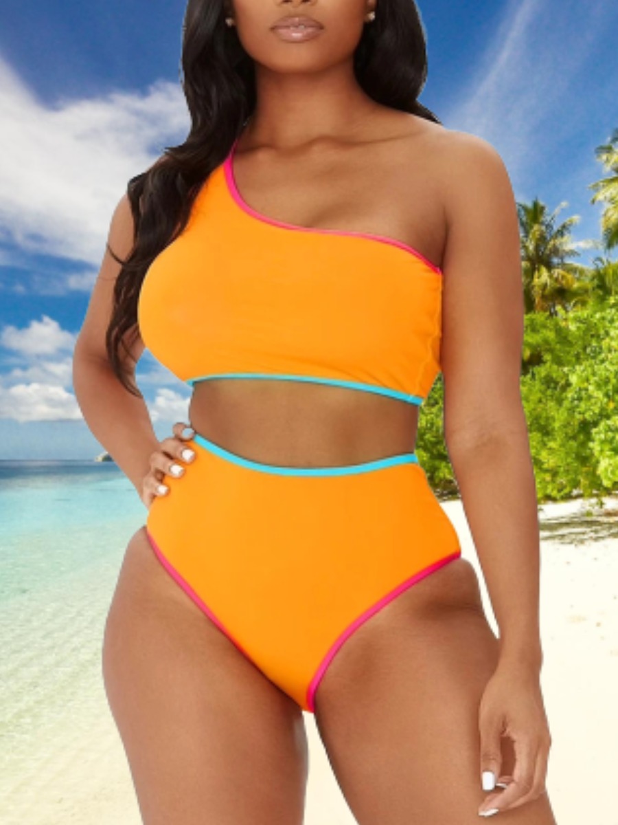 Lovely Boho One Shoulder High-waisted Orange Yellow Tankini