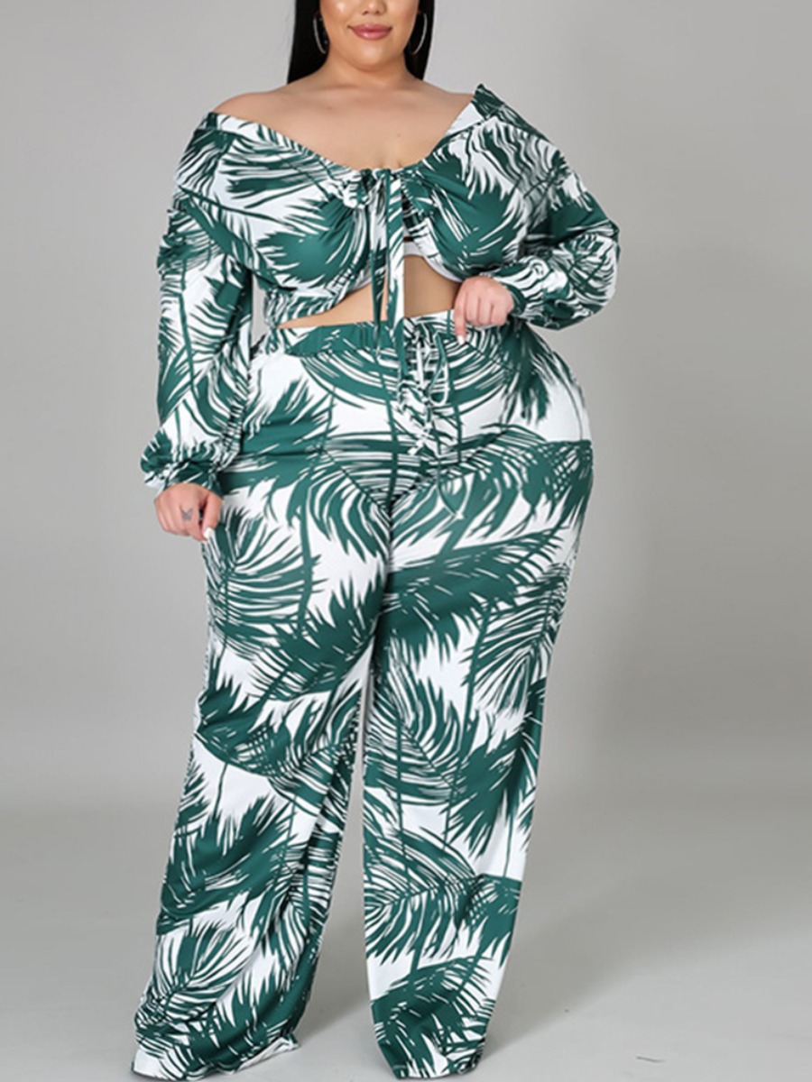 

LW Plus Size Boho Leaf Print Bandage Design Green Two-piece Pants Set