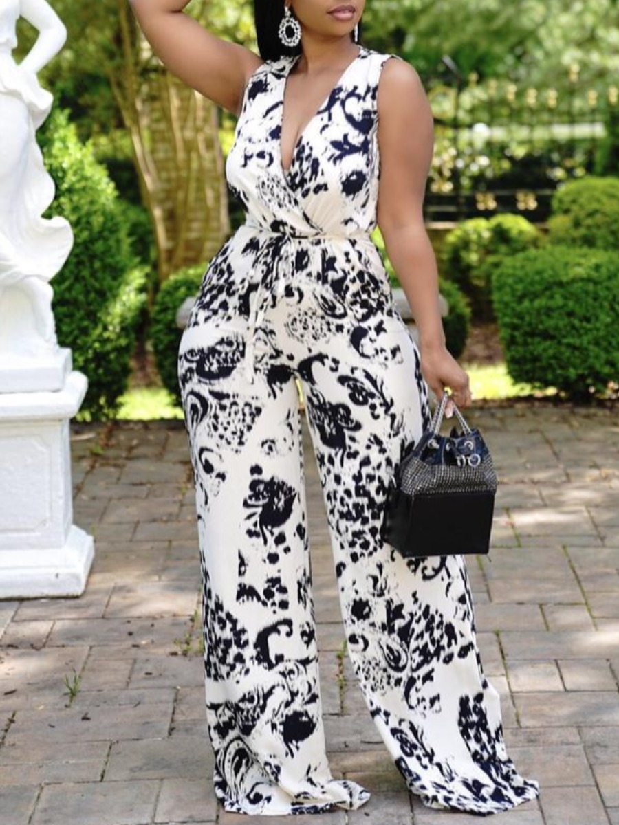 

LW Casual V Neck Print Pocket Design White One-piece Jumpsuit