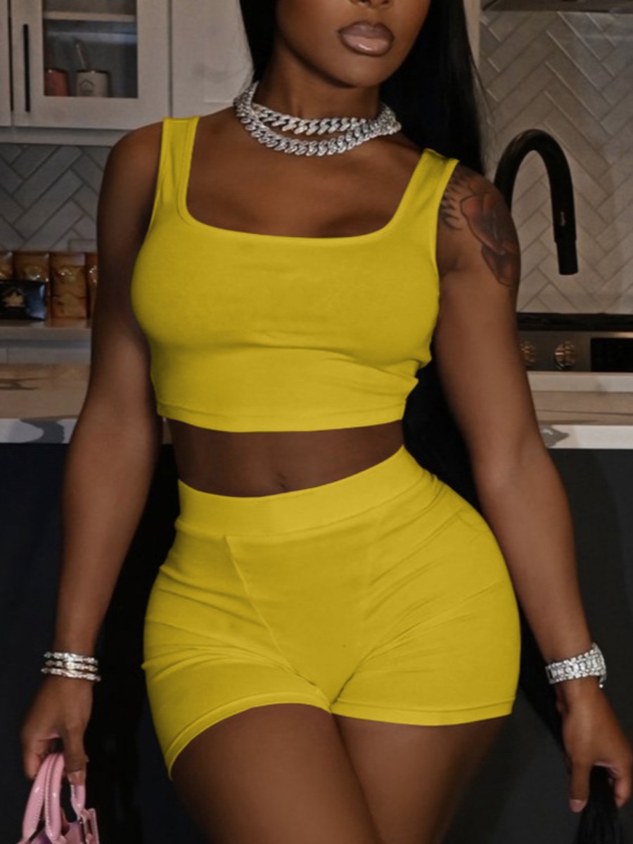 

Lovely Casual U Neck Basic Skinny Yellow Two Piece Shorts Set