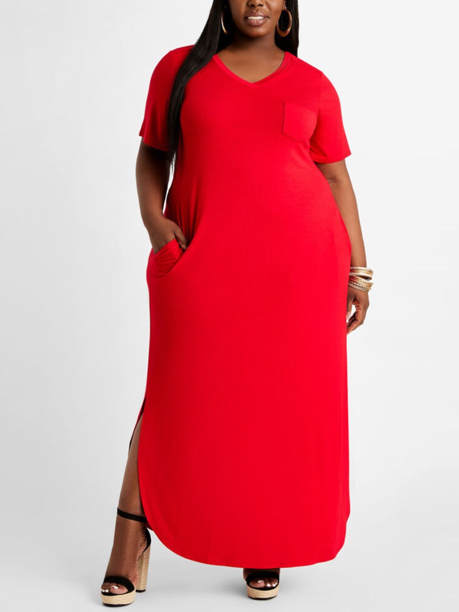 

Lovely Plus Size Casual Pocket Design Slit Red Floor Length Dress