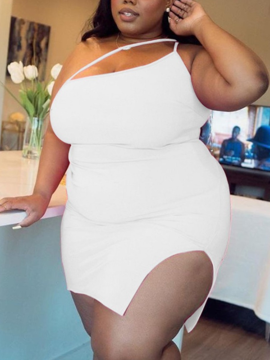 

Lovely Plus Size Sexy One Shoulder Slit White Mini Dress