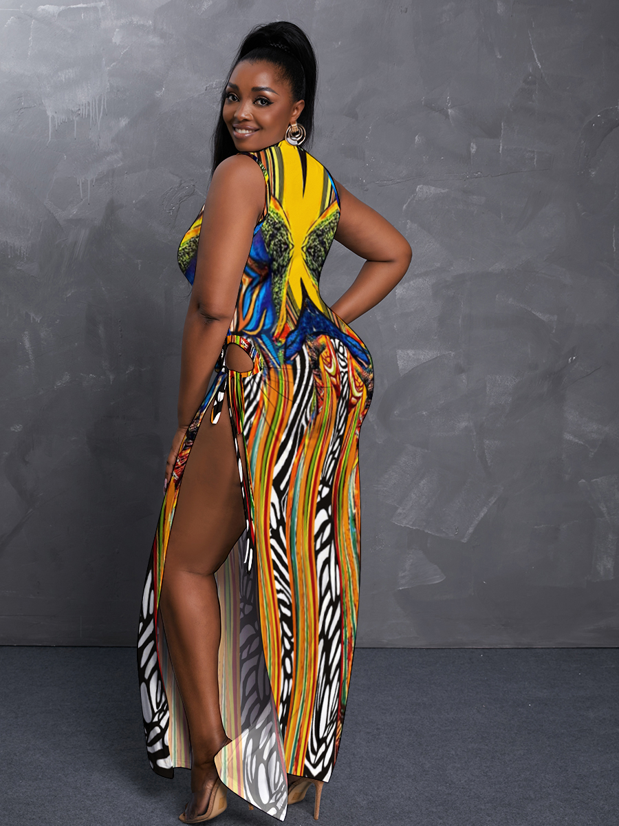 LW Plus Size Boho Mixed Print Split Yellow Ankle Length Dress