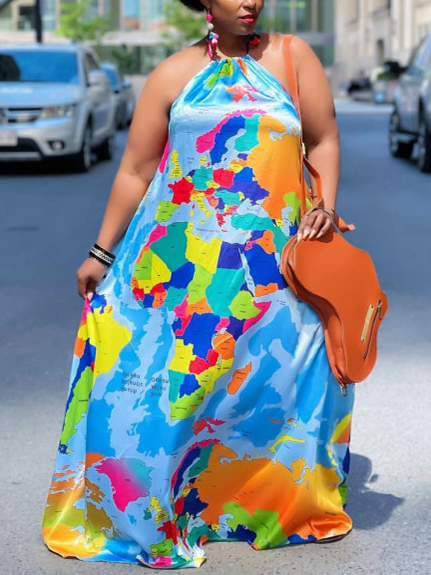 

Lovely Plus Size Casual Backless Color-lump Patchwork Blue Floor Length Dress