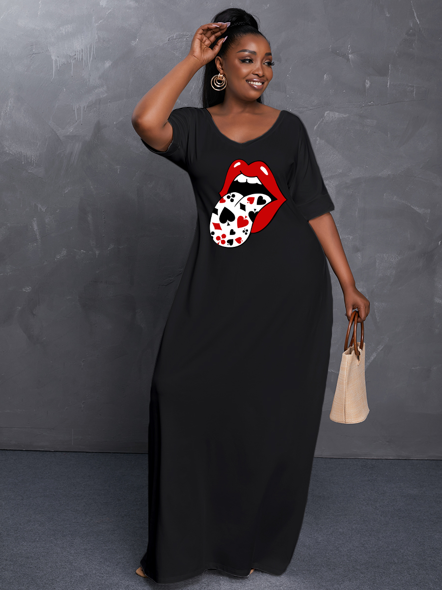 

LW Plus Size Casual V Neck Lip Print Black Floor Length Dress