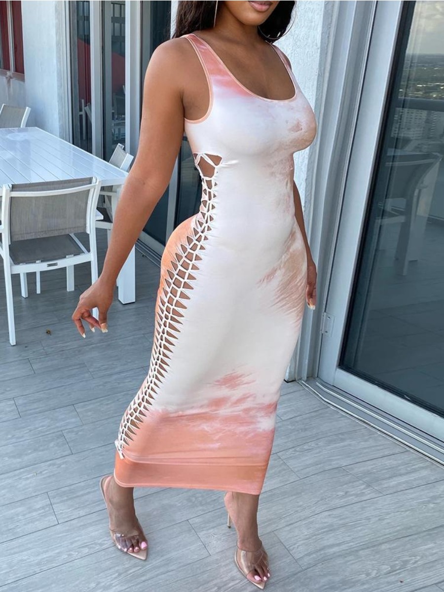

Lovely Sexy Tie-dye Hollow-out Multicolor Ankle Length Dress, Multi