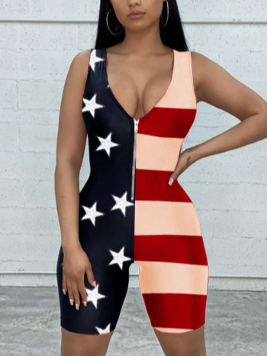 

Lovely Street American Flag Print Independence Day Black One-piece Romper