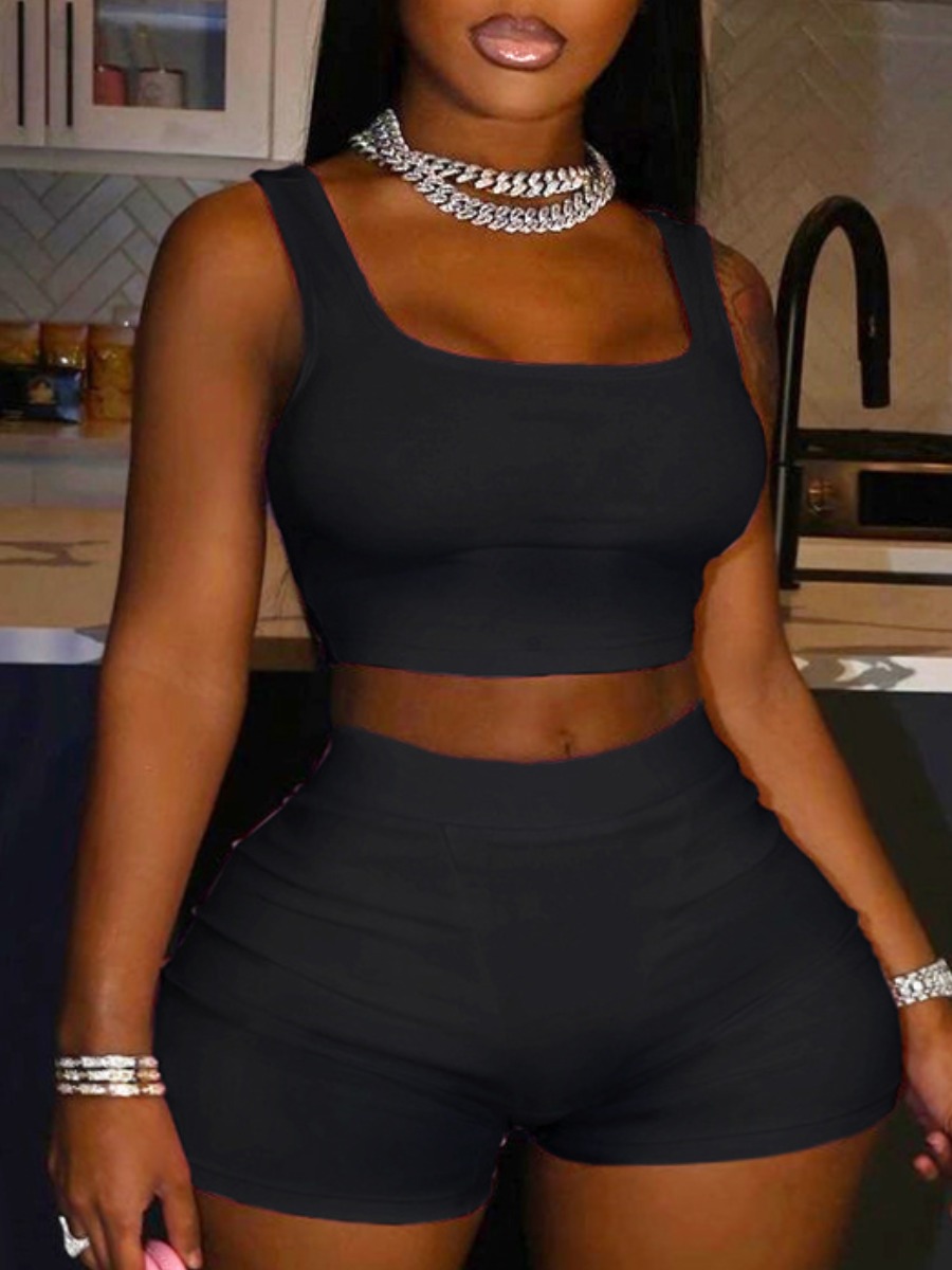 

Lovely Plus Size Casual U Neck Elastic Black Two-piece Shorts Set