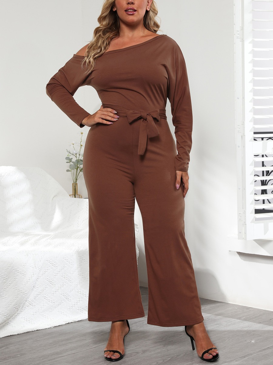 

Lovely Plus Size Casual Boat Neck Bandage Design Brown One-piece Jumpsuit