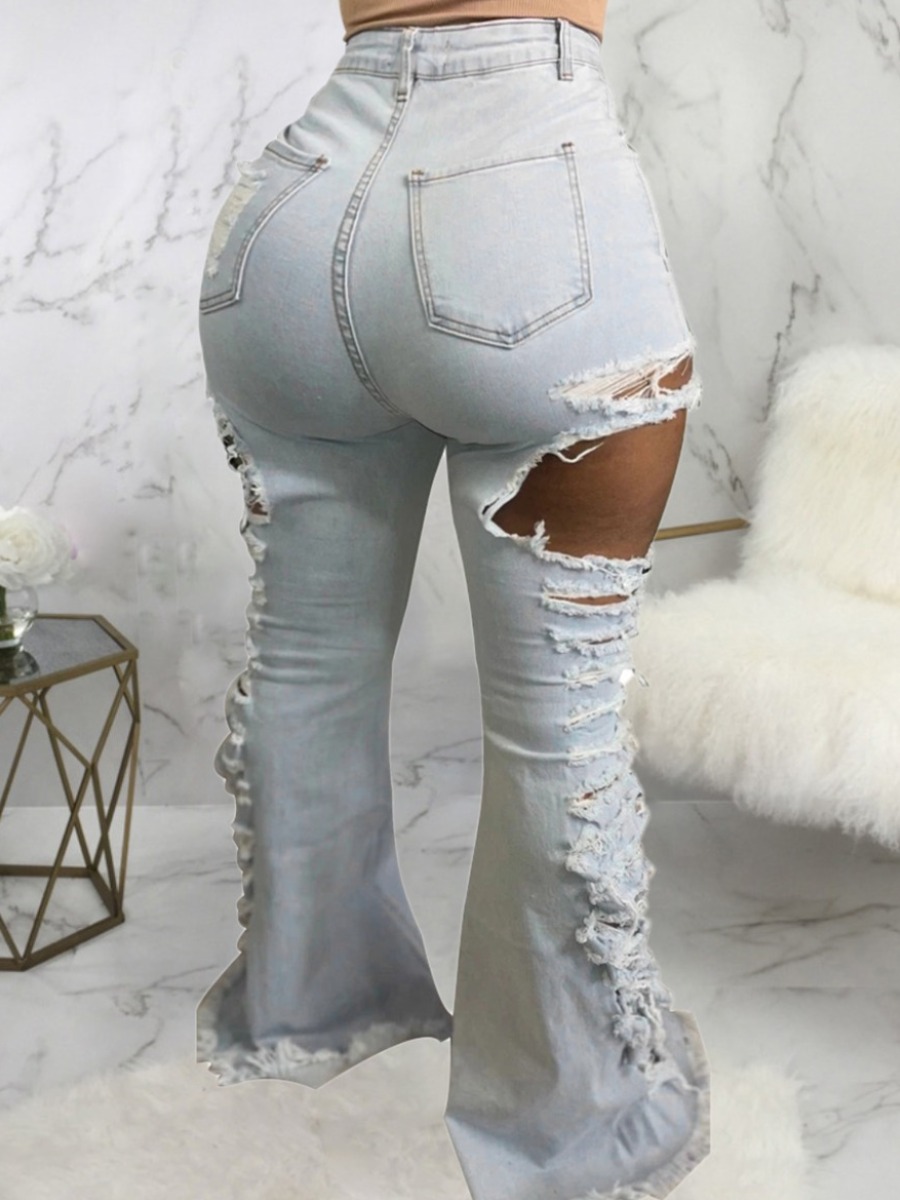 

LW SXY Plus Size Street Ripped Flared Baby Blue Jeans