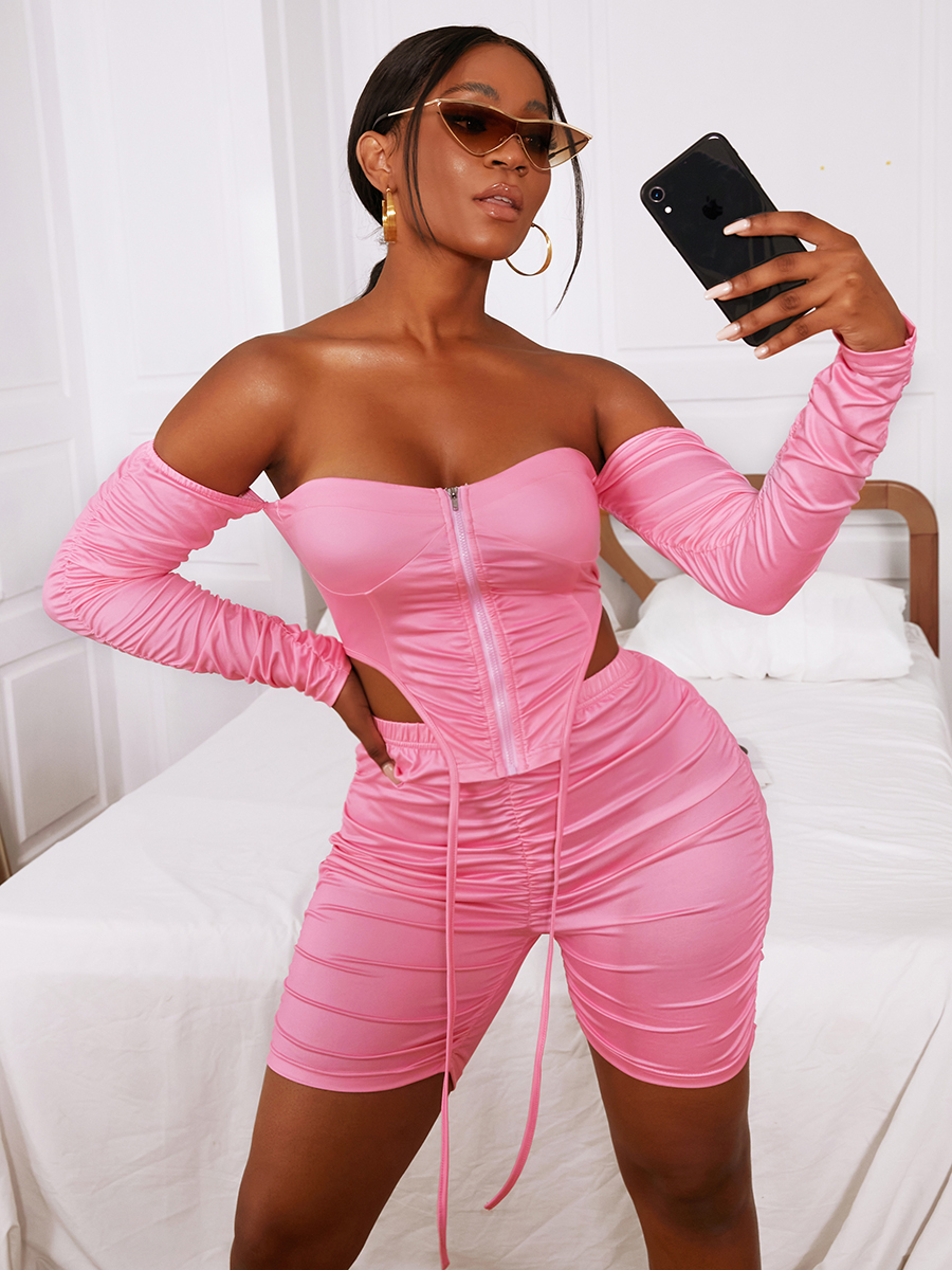 LW SXY Off The Shoulder Rched Tassel Design Pink Two Piece Shorts Set