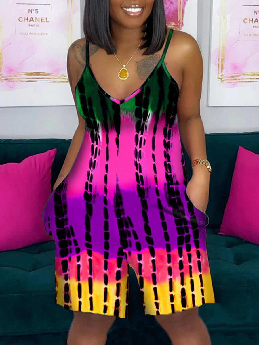 

Lovely Street Tie-dye Pocket Design Rose Red One-piece Romper