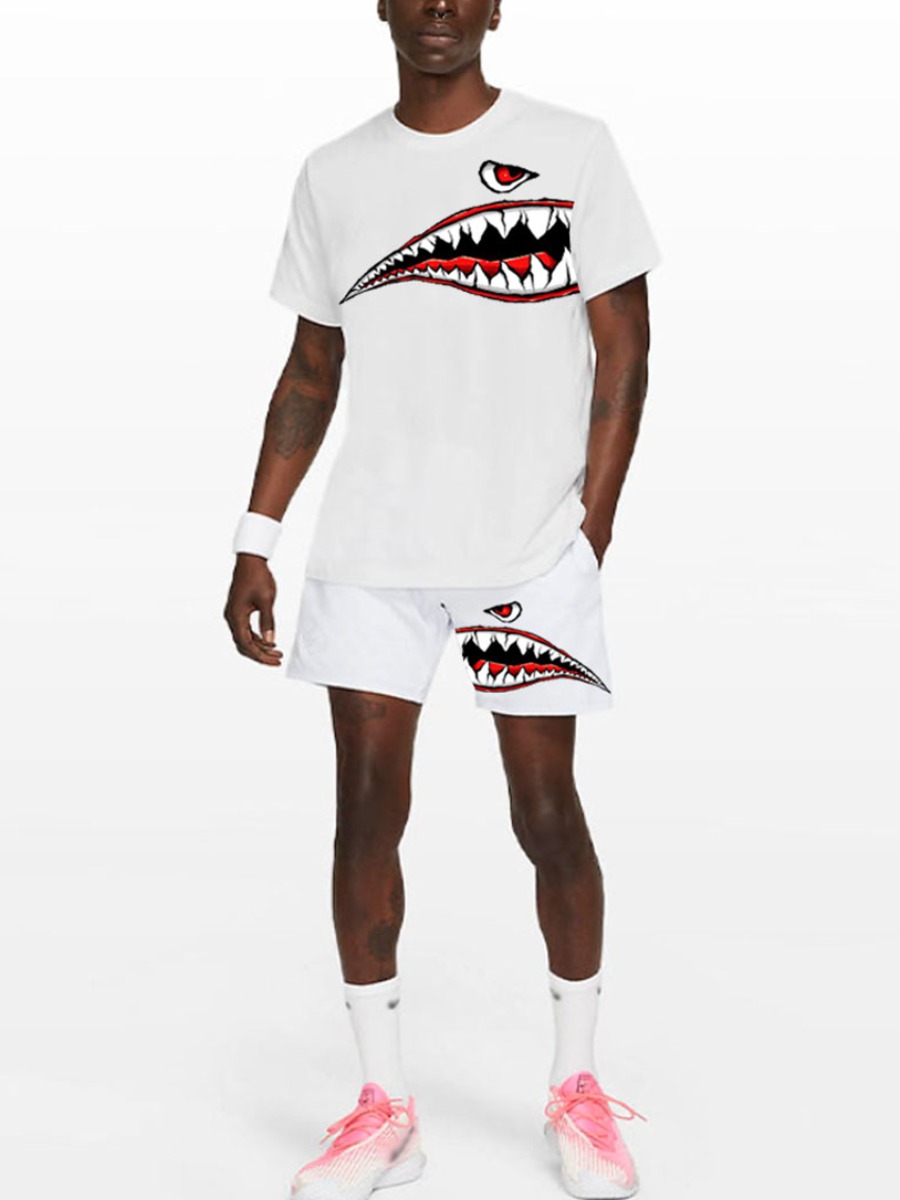 

Lovely Men Casual Round Neck Fish Mouth Print White Two Piece Shorts Set