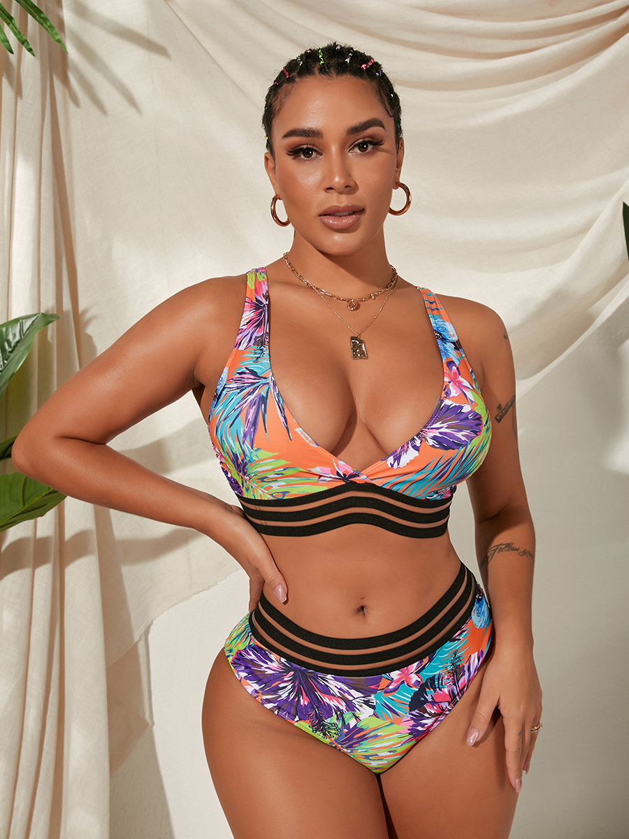 

Lovely Boho V Neck Floral Print Multicolor Two-piece Swimsuit, Multi