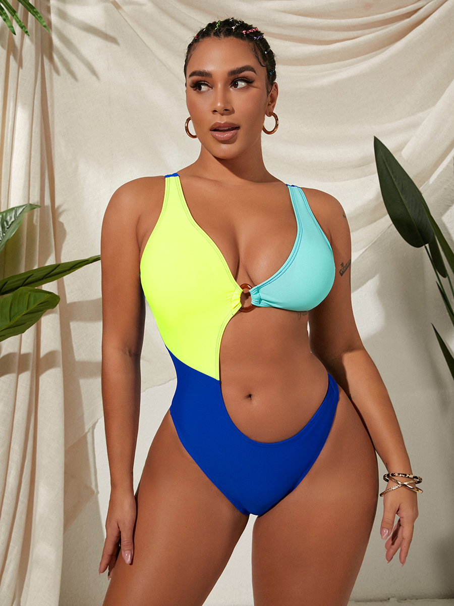 

Lovely Boho Color-lump Hollow-out Blue One-piece Swimsuit