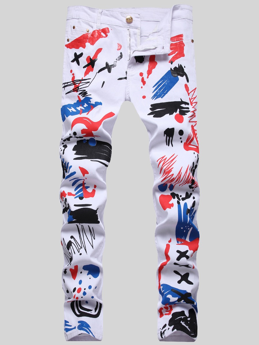 

Lovely Men Street Mid Waist Graffiti Print White Jeans