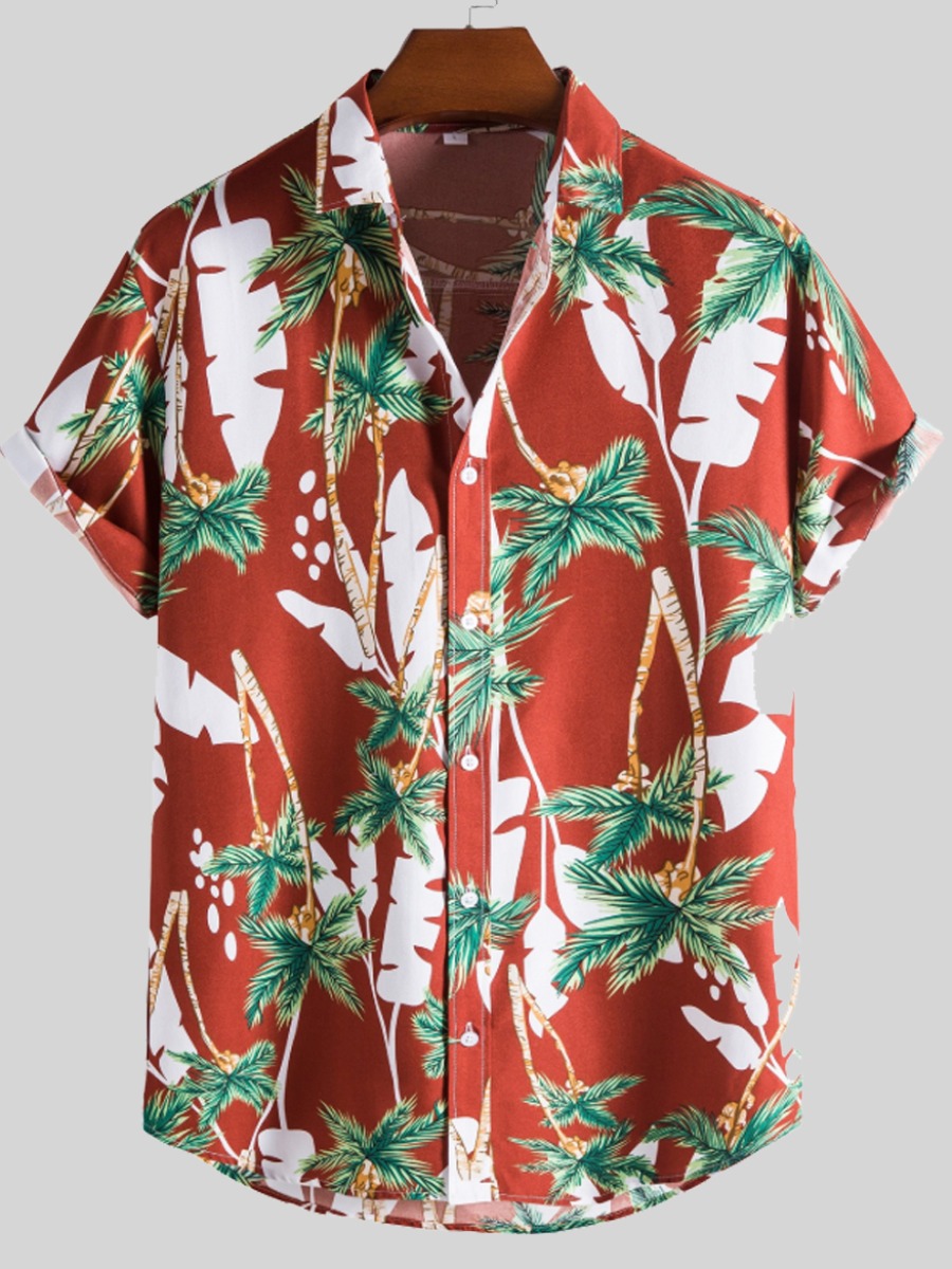 

Lovely Men Boho Turndown Collar Floral Print Red Shirt