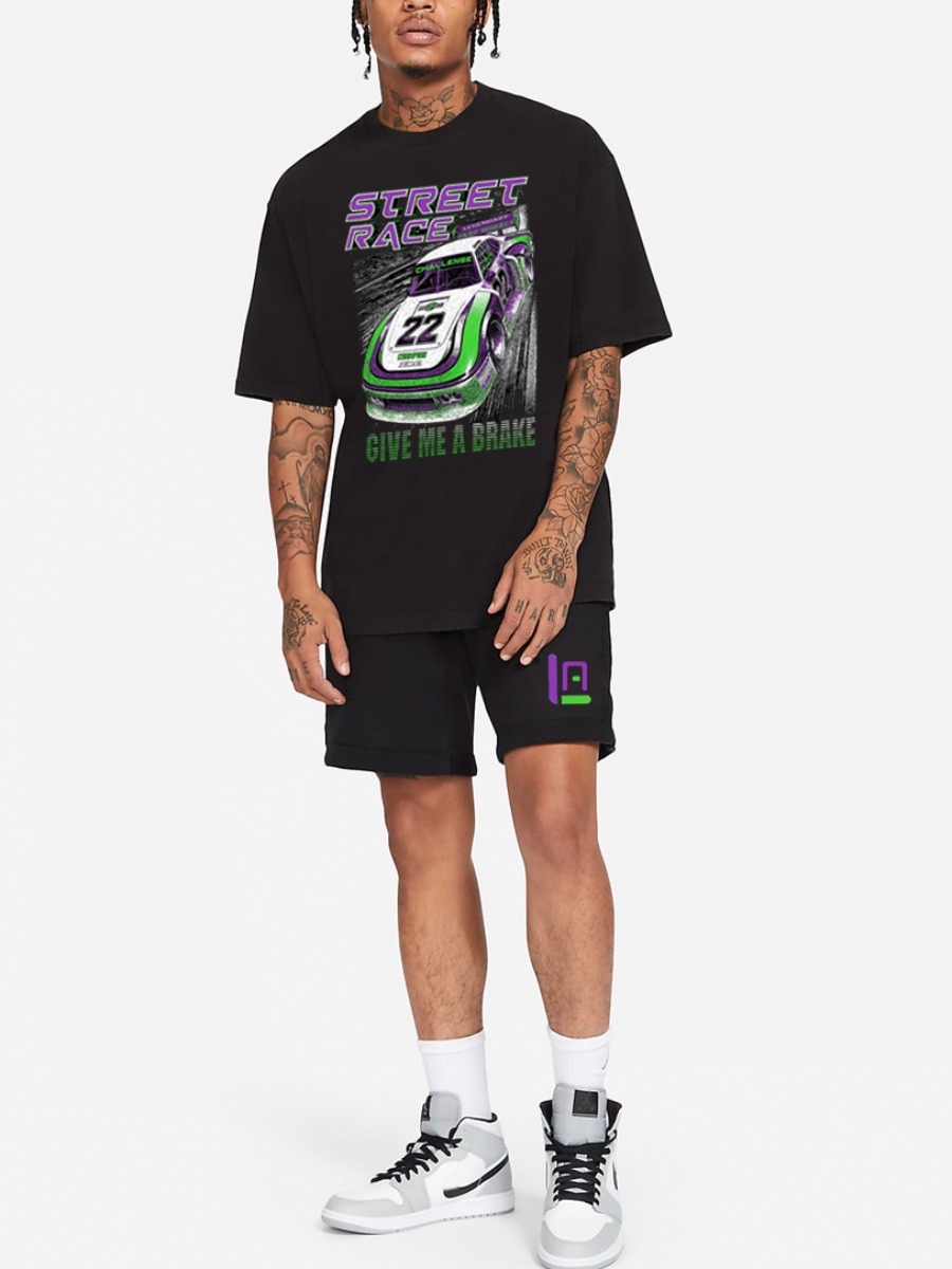 

Lovely Men Casual Cartoon Letter Print Black Two Piece Shorts Set