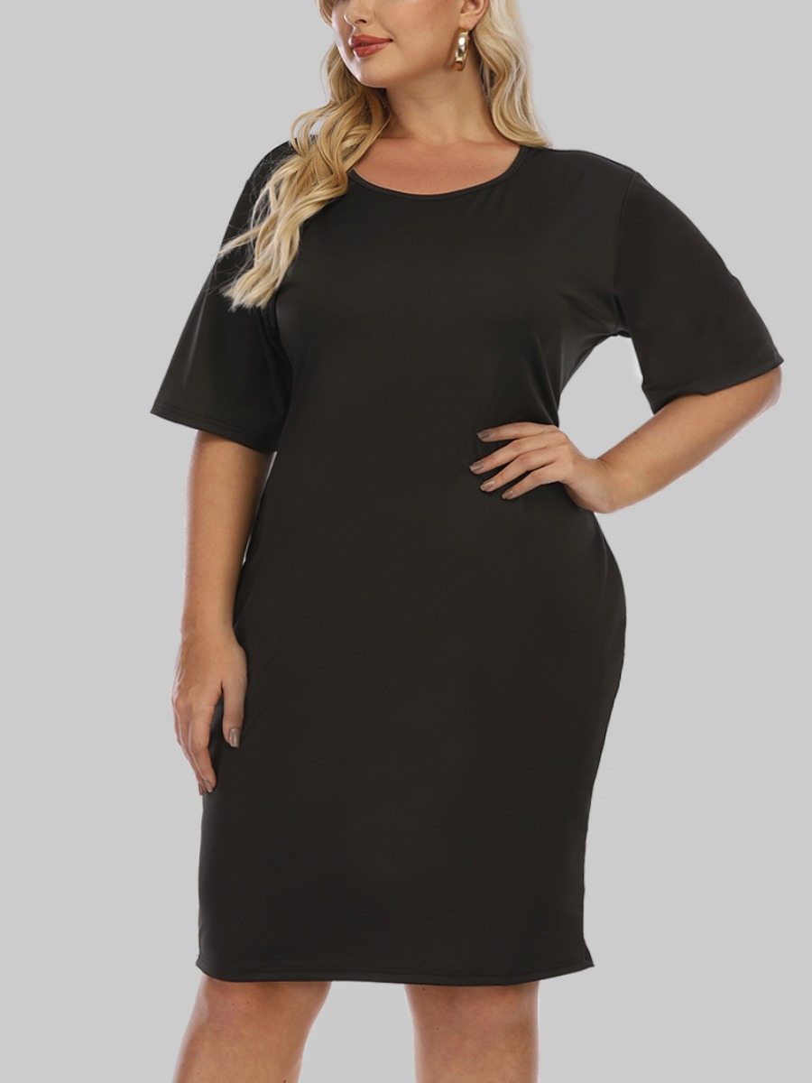 

Lovely Plus Size Casual Round Neck Hollow-out Black Knee Length Dress