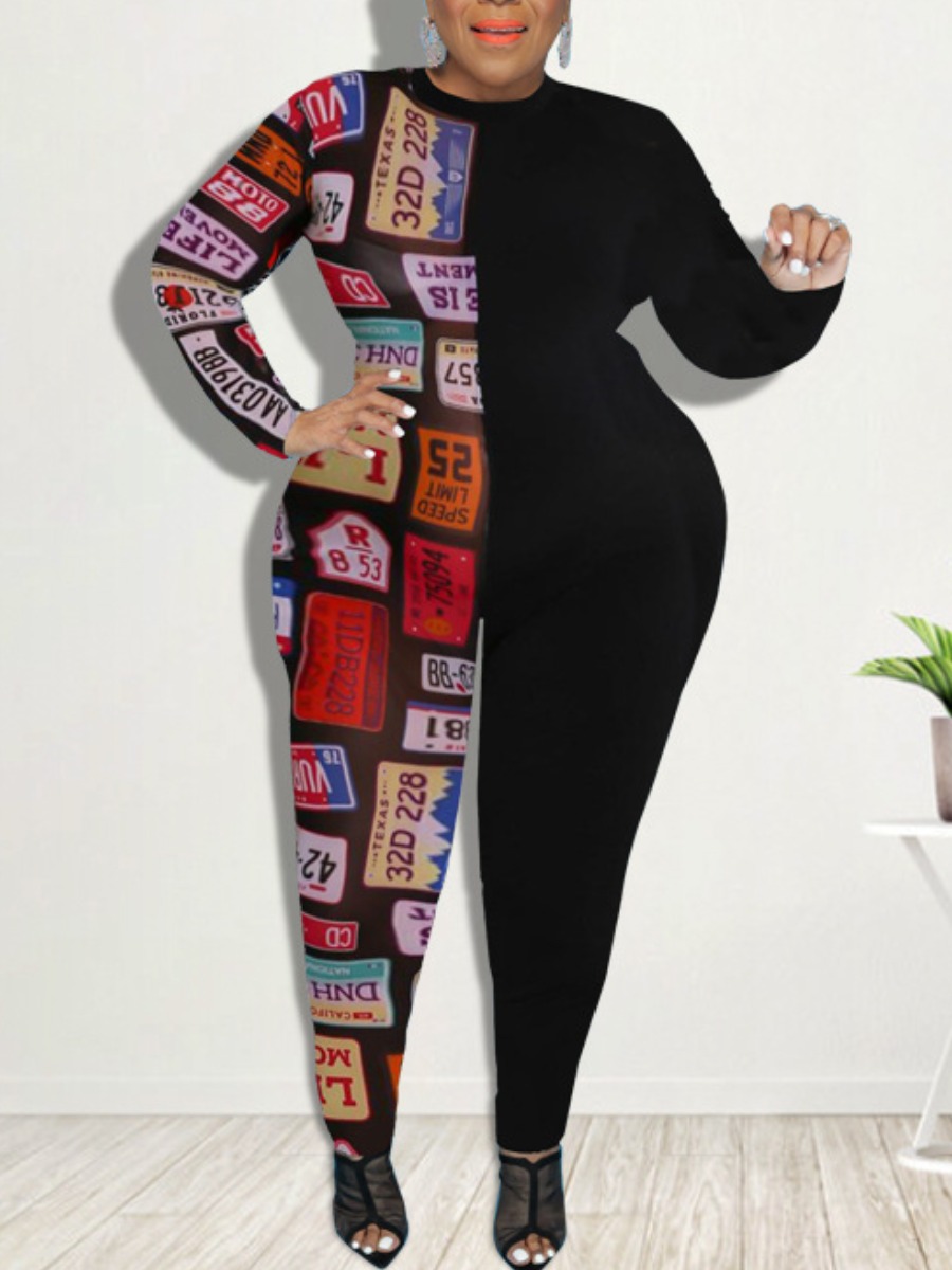 

LW Plus Size Street Letter Print Patchwork Black One-piece Jumpsuit