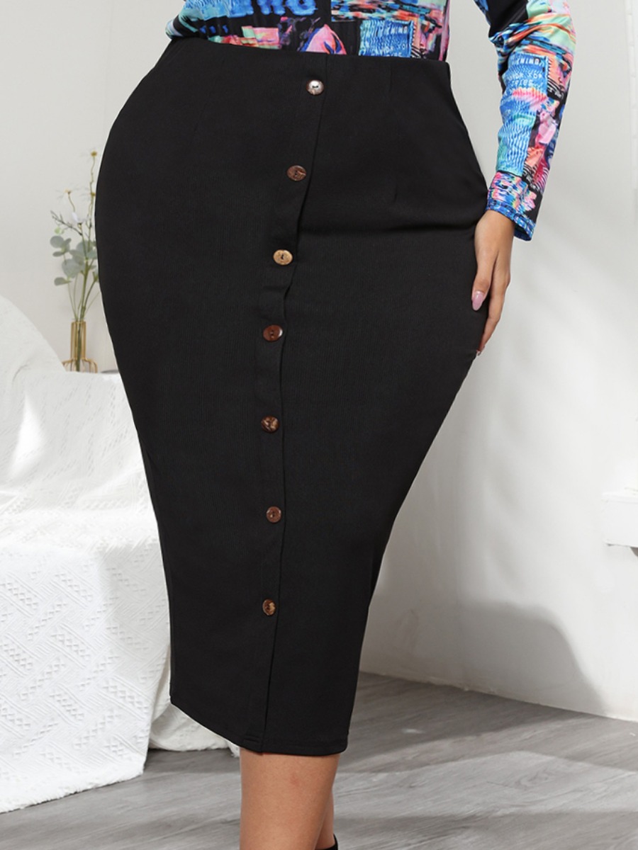 

Lovely Plus Size Elegant Button Design Black Mid Calf Skirt