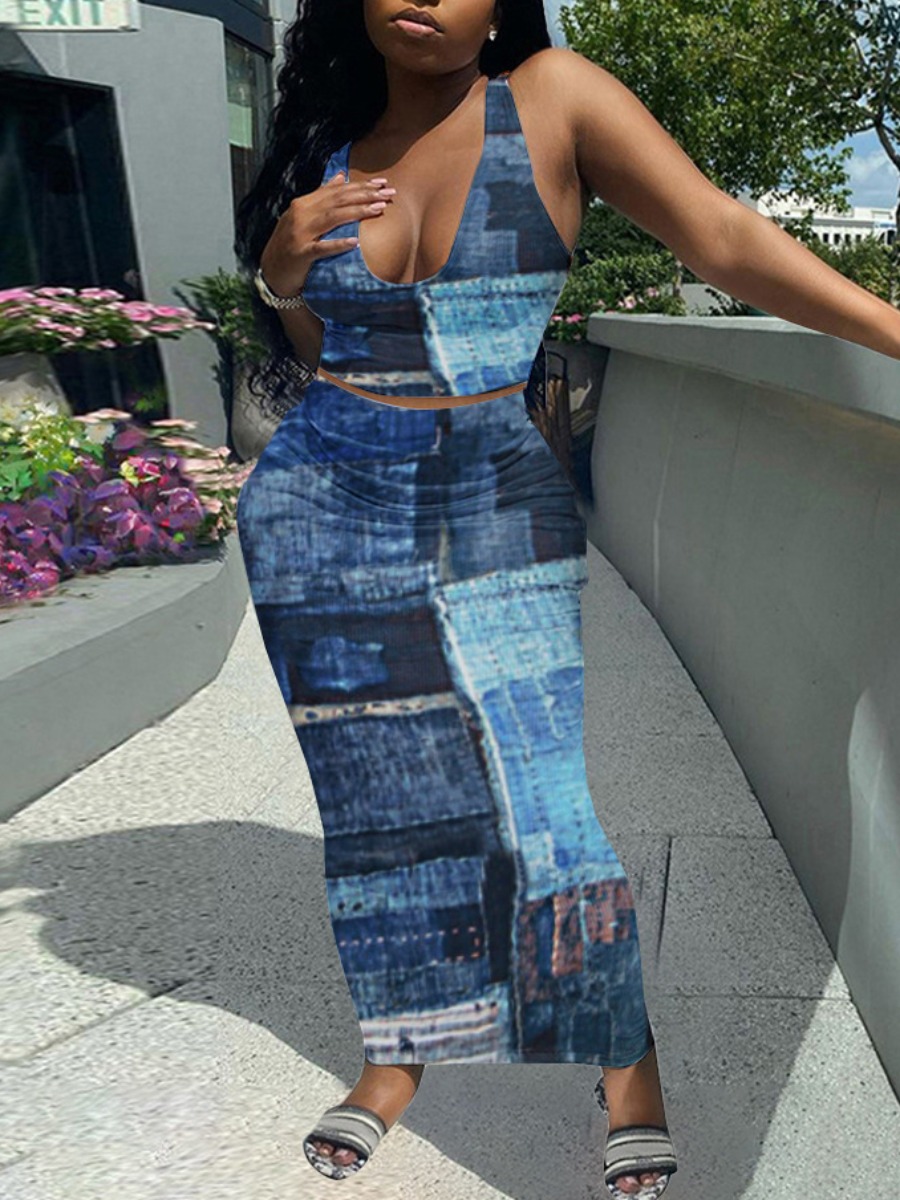 

LW Street U Neck Print Patchwork Blue Two Piece Skirt Set