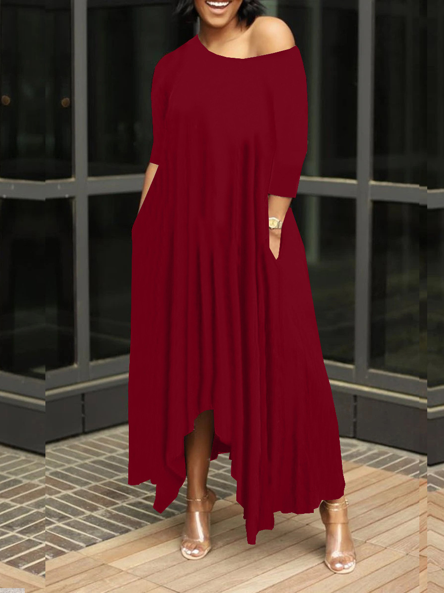 

LW Plus Size Casual Fold Design Wine Red Ankle Length Asymmetrical Dress