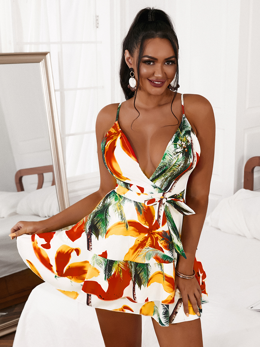 

Lovely Boho V Neck Floral Print White Mini A Line Dress